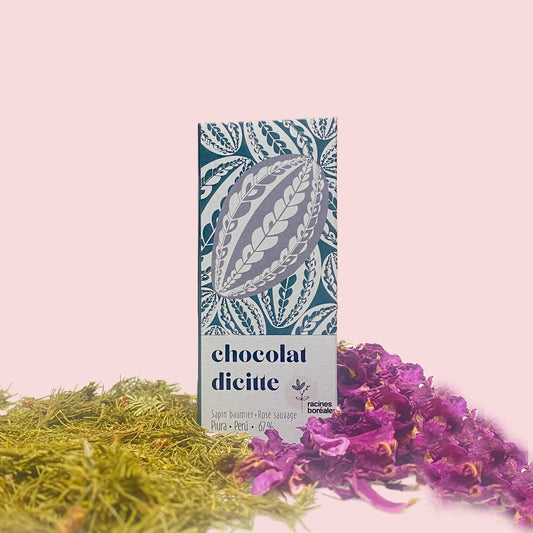 Chocolat 67% Piura (Péru), sapin baumier et rose sauvage
Chocolat Dicitte